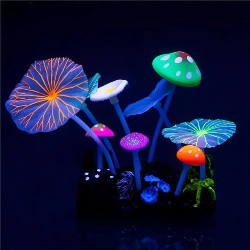 Aquarium Coral Plant Ornament with Glowing Effect Imitative Mushroom Lotus Leaf